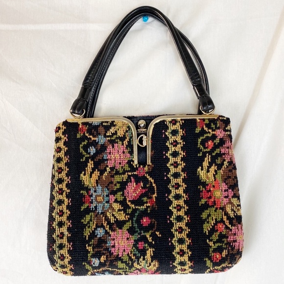 Vintage Handbags - VINTAGE black floral tapestry purse
